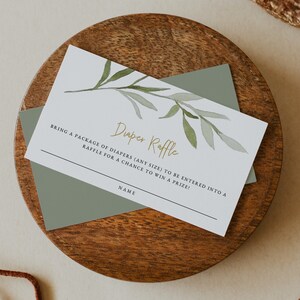 ESME Greenery Windel Raffle Card Template, Grün und Gold Babyparty Einladungseinsatz, Garten Babyparty Windel Raffle Ticket Spiel