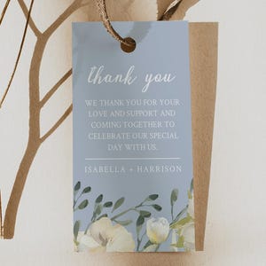Modelo de etiqueta para lembrancinhas de casamento azul-poeira, etiqueta para lembrancinhas azul-ardósia para impressão, etiqueta para lembrancinhas de peônia branca, etiqueta para lembrancinhas florais, etiqueta para presente para impressão - FAYE