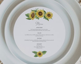 EMMA Sonnenblume Menü Karte Vorlage, rundes Menü für Hochzeit, Sonnenblume Hochzeitsmenü, Scheune Hochzeitsmenü, runde Menükarten, Instant Download