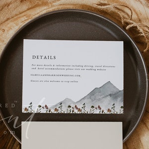 Modèle de carte de détails HEIDI, carte de visite modifiable, carte d'hébergement pour mariage en montagne, insert de mariage aquarelle fleurs sauvages bohèmes