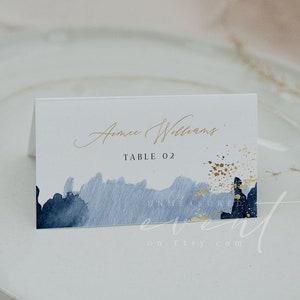 STELLA Place Card Template, Blue Watercolor Wedding Place Cards, Navy and Gold Wedding Escort Cards, Printable Guest Name Cards Baby Shower