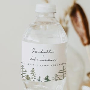 Modello di etichetta per bottiglia d'acqua in pino, adesivo per bottiglia d'acqua stampabile con albero di pino ad acquerello, matrimonio fai da te nel bosco della foresta di montagna - TIMBER
