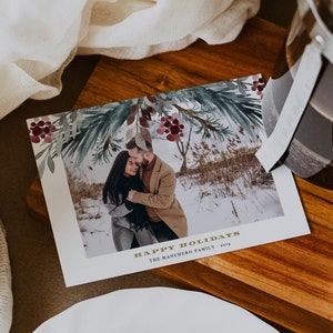 NOEL フォト クリスマス カード テンプレート、写真付き松のクリスマス カード、すぐにダウンロードできる印刷可能なクリスマス カード、編集可能なホリデー カード