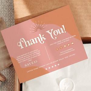 Plantilla de tarjeta de agradecimiento para paquete de pequeñas empresas con diseño retro en color naranja y rosa Sunburst TRIXIE