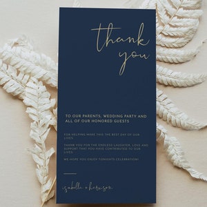 Modèle de carte de remerciement pour table de mariage bleu marine et or, carte de remerciement de mariage moderne imprimable, téléchargement immédiat Merci - CAITLIN