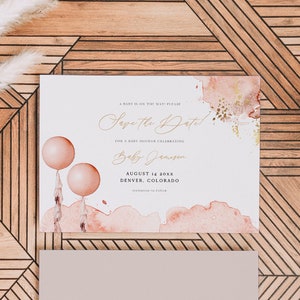 STELLA Babyparty Save the Date Vorlage, Blush Ballon Babyparty, Aquarell rosa Babyparty einladen Boho Boy Shower Save the Date