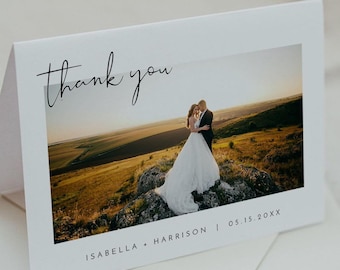 Minimalist Photo Thank You Card Printable, Folded Wedding Thank You Card with Picture, Modern Simple Bohemian Wedding Card Editable - ADELLA