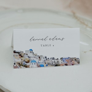 Modelo de cartão de lugar SANTORINI, cartão de lugar Santorini Skyline, cartões de lugar de casamento para impressão, cartões de nome de mesa, DIY com tema de viagem de destino