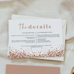 Modèle de carte de détails en or rose REGINA, carte imprimable de clôture de paillettes d'or rose, insert de mariage romantique glamour, détails de douche nuptiale bricolage