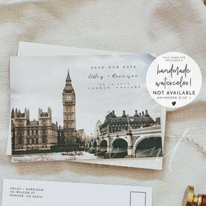 Adley - modèle de réservation de mariage à Londres, carte postale aquarelle de Londres, réservez les dates, destination imprimable réservez la date, invitation de Londres