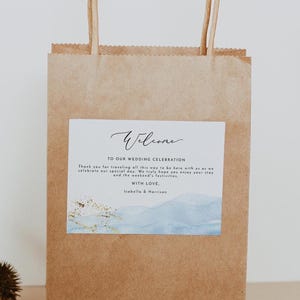 Modelo de etiqueta para sacola de boas-vindas de casamento, adesivos para sacola de boas-vindas em aquarela azul, nota para sacola de boas-vindas de casamento azul empoeirado, etiquetas para sacola de boas-vindas faça você mesmo BLAKELY