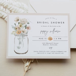 POPPY Mason Jar Bridal Shower Invitation Template, Wildflower Bridal Shower Invitation Printable, Muted Tone Floral Bridal Shower Digital