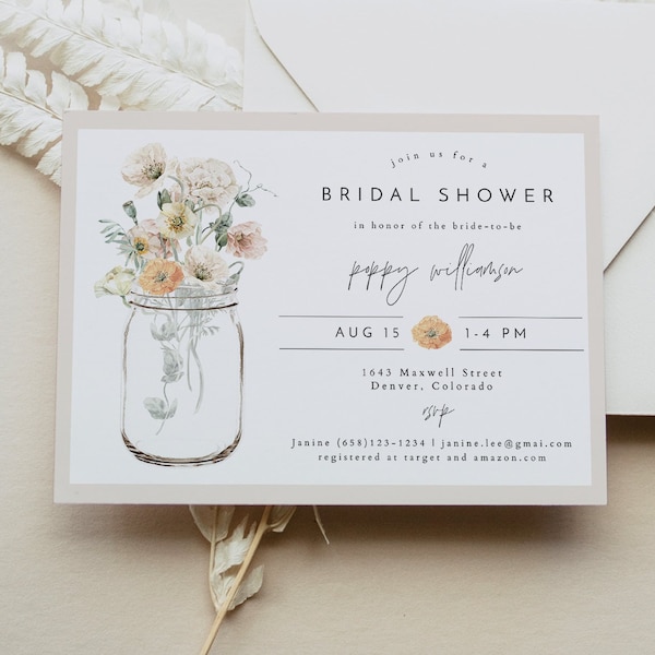 POPPY Mason Jar Bridal Shower Invitation Template, Wildflower Bridal Shower Invitation Printable, Muted Tone Floral Bridal Shower Digital