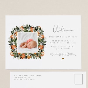 Plantilla de anuncio de nacimiento con foto, anuncio de nacimiento con cítricos, anuncio de recién nacido con flor de naranja, anuncio de nacimiento de bebé Cutie CALLIOPE