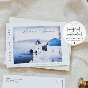 Modèle aquarelle de réservation de date de Santorin, réservation de date en Grèce, faire-part de mariage de Santorin, réservation de carte postale de date de mariage