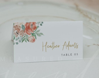 VERA Place Card Template, Pastel Floral Wedding Place Card Printable, Peachy and Succulent Table Name Cards Instant Download Bohemian Boho