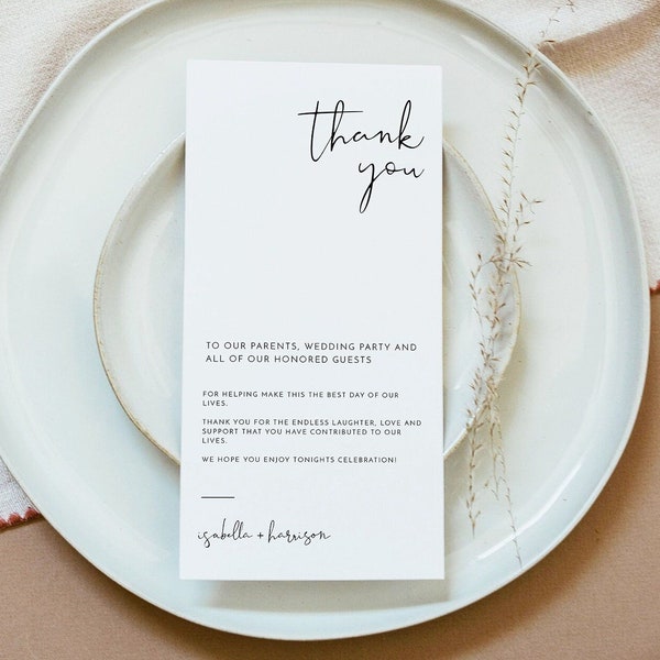 ADELLA Minimalist Wedding Table Thank You Card Template, Wedding Napkin Note, Modern Place Setting Thank You, Wedding Menu Thank You Card