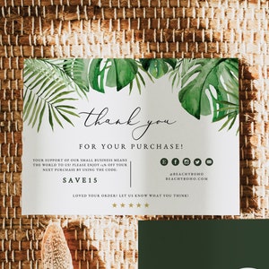 Small Business Thank You Card Template, Packaging Insert Thank You Card, Tropical Thank You Card, Thank You Card Business, Palm Leaf CORA