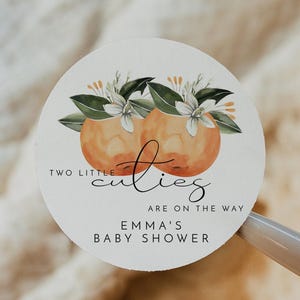 Twin Baby Shower Sticker Template, Two Little Cuties are on the Way Favor Sticker, Clementine Orange Little Cutie Baby Shower DIY - CALLIOPE