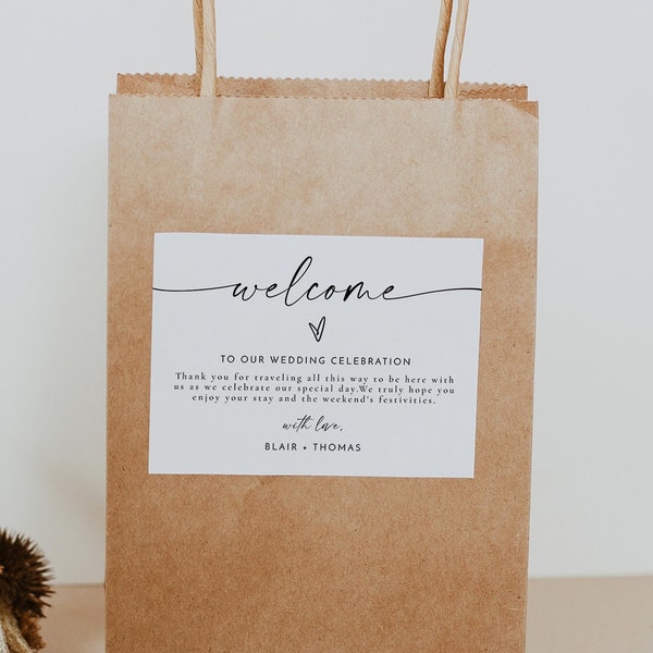 BLAIR Welcome Bag Label Template, Minimalist Welcome Bag Stickers, Modern Wedding Welcome Bag Note, Destination Wedding Welcome Bag Tag DIY