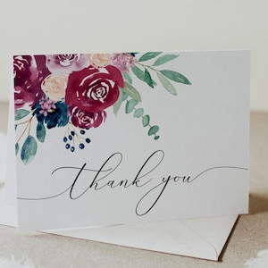 Modèle de carte de remerciement floral Marsala, imprimable Merci bordeaux et bleu marine, cartes de remerciement de mariage, carte de remerciement instantanée - BELLA