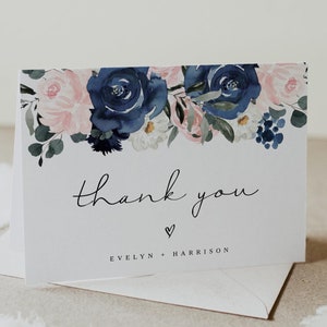 Navy and Blush Thank You Card Template, Navy and Blush Floral Thank You Card, Wedding Thank You, Bridal Shower Baby Shower - CADENCE
