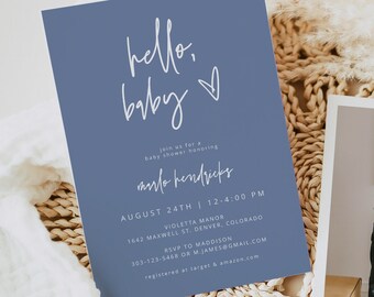 Modern Bohemian Dusty Blue Boy Baby Shower Invitation Template Printable MARLO