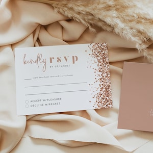 Modelo de cartão RSVP REGINA Rose Gold, cartão de resposta com lantejoulas Rose Gold para impressão, cartão de resposta de casamento romântico e glamouroso, cartão RSVP para chá de panela DIY