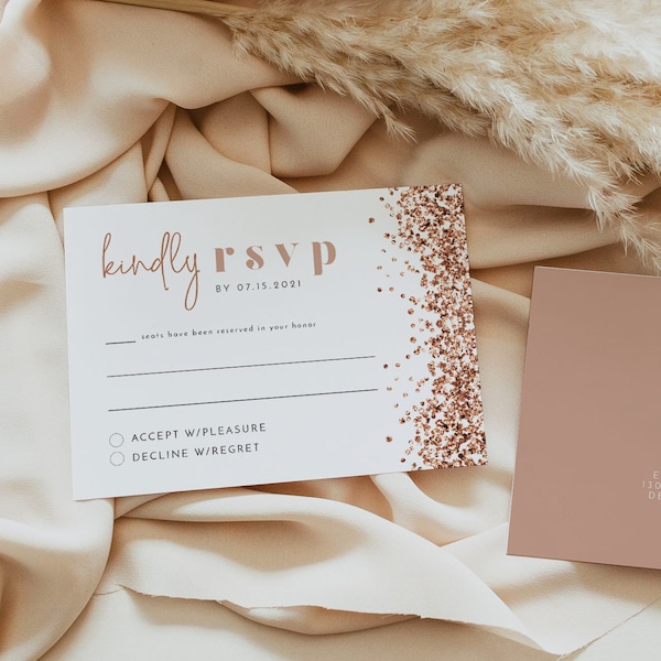 REGINA Rose Gold RSVP Card Template, Printable Rose Gold Sequin Response Card, Glam Romantic Wedding Reply Card, Bridal Shower rsvp Card DIY