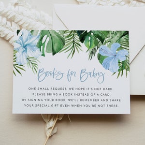 Mall för kort med tropiska böcker för bebisar, kort med strandböcker för bebisar, kort med hibiskusmotiv, kort med bok istället för ett kortinsats med blå pojke LALANI