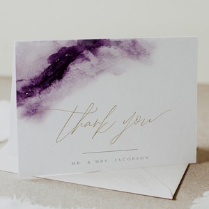 Modelo de cartão de agradecimento em aquarela roxa, cartão de agradecimento em aquarela em ameixa, cartão de agradecimento em violeta para impressão, cartões de agradecimento de casamento - IRIS