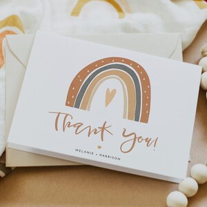 Plantilla de tarjeta de agradecimiento con arcoíris boho, tarjeta de agradecimiento imprimible con arcoíris terracota, tarjeta de agradecimiento para baby shower de cumpleaños en tonos tierra, bricolaje - ANSLEY