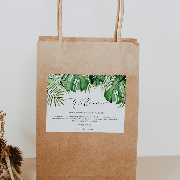 Tropical Welcome Bag Label Template, Welcome Bag Stickers, Wedding Welcome Bag Note, Welcome Bag Tags for Wedding Guest Beach Palm Leaf CORA
