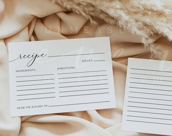 Recipe Card Template, Printable Recipe Cards, Bridal Shower Recipe Card, Simple Recipe Cards, Recipe Card 4x6" Modern Minimalist DIY ASHER