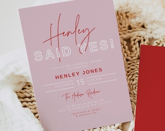 HENLEY Bridal Shower Invitation Template, Bright Pink and Red Bridal Shower Invite Printable, Retro She Said Yes Digital Invitation Download