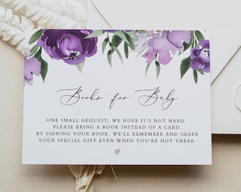 LILAH Lila Blumenbücher für Baby Kartenvorlage, Lila Babypartybücher für Babyeinlagen, druckbare Babypartyeinladung Einlegekarte