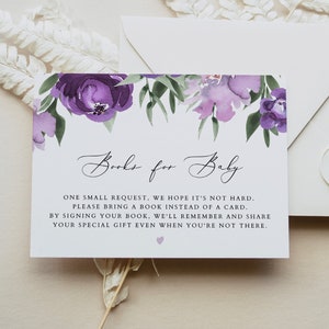 LILAH Purple Floral Books for Baby Card Template, Purple Baby Shower Books for Baby Insert, Printable Baby Shower Invitation Insert Card