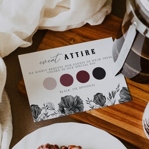 Modèle de carte NOVA pour tenue de mariage, palette de couleurs de mariage floral noir, carte d'insertion de code vestimentaire d'invité, tableau d'humeur de mariage pour les invités