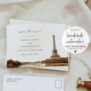 Carte postale réservez votre date Paris, modèle réservez la date d'horizon de Paris, aquarelle réservez la date de Paris Evite, réservez la date France DIY