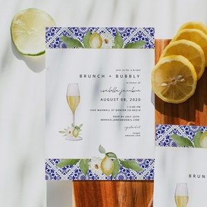 GIA Lemon Brunch and Bubbly Invitation Template, Mediterranean Bridal Shower, Citrus Bridal Shower, Blue Tile Bridal Shower, Brunch Invite