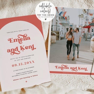 Retro Wedding Invitation Template, Arched Wedding Invitation Printable, Photo Wedding Invite, 70&#39;s Themed Wedding Invite Groovy Hippie JACKI