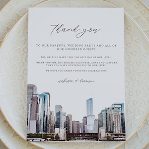 Modelo de cartão de agradecimento de CHICAGO, cartão de agradecimento para mesa de casamento, cartão de agradecimento para convidados, horizonte em aquarela de Chicago Illinois, casamento no destino