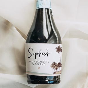 Plantilla de etiqueta de champán para despedida de soltera en la playa de SOPHIA, mini calcomanía de champán para despedida de soltera tropical, destino mexicano de palmera boho para despedida de soltera DIY