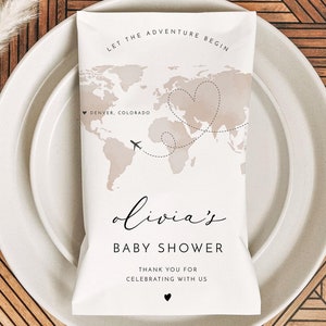 Baby Shower Chip Bag Template The Adventure Begins Baby Shower Favor Label Watercolor World Map Snack Bag Printable Instant DIY - CARMEN