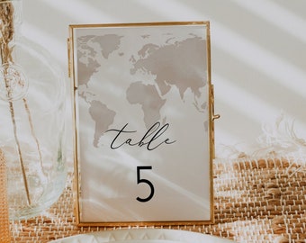 Watercolor Map Table Number Template, Destination Wedding Table Numbers, Travel Wedding Table Numbers, Printable Table Number Cards CARMEN