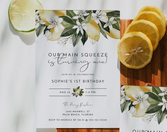 DAHLIA Lemon First Birthday Invitation Template, Citrus First Birthday Invite Printable, Summer Fruit Birthday Evite Instant Editable DIY