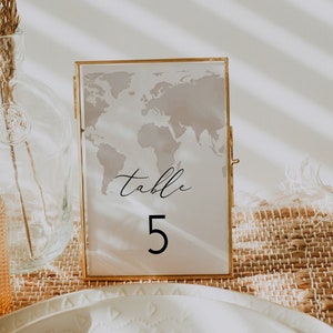 Watercolor Map Table Number Template, Destination Wedding Table Numbers, Travel Wedding Table Numbers, Printable Table Number Cards CARMEN image 1