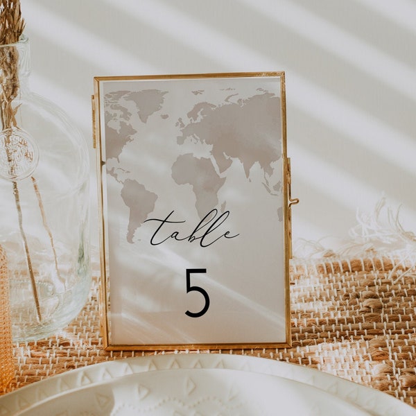 Watercolor Map Table Number Template, Destination Wedding Table Numbers, Travel Wedding Table Numbers, Printable Table Number Cards CARMEN