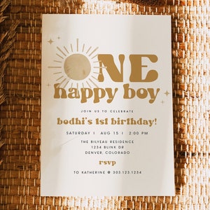 One Happy Boy Birthday Invitation Template, First Trip Around the Sun Birthday Invite, Boho Sun 1st Birthday Invite Printable BODHI