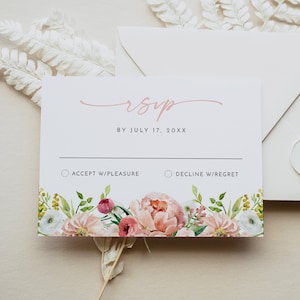 Modello di biglietto RSVP ALICE, cartolina RSVP scaricabile istantaneamente stampabile, biglietto di risposta per matrimonio floreale Blush, biglietto di risposta per festa nuziale Tea Party